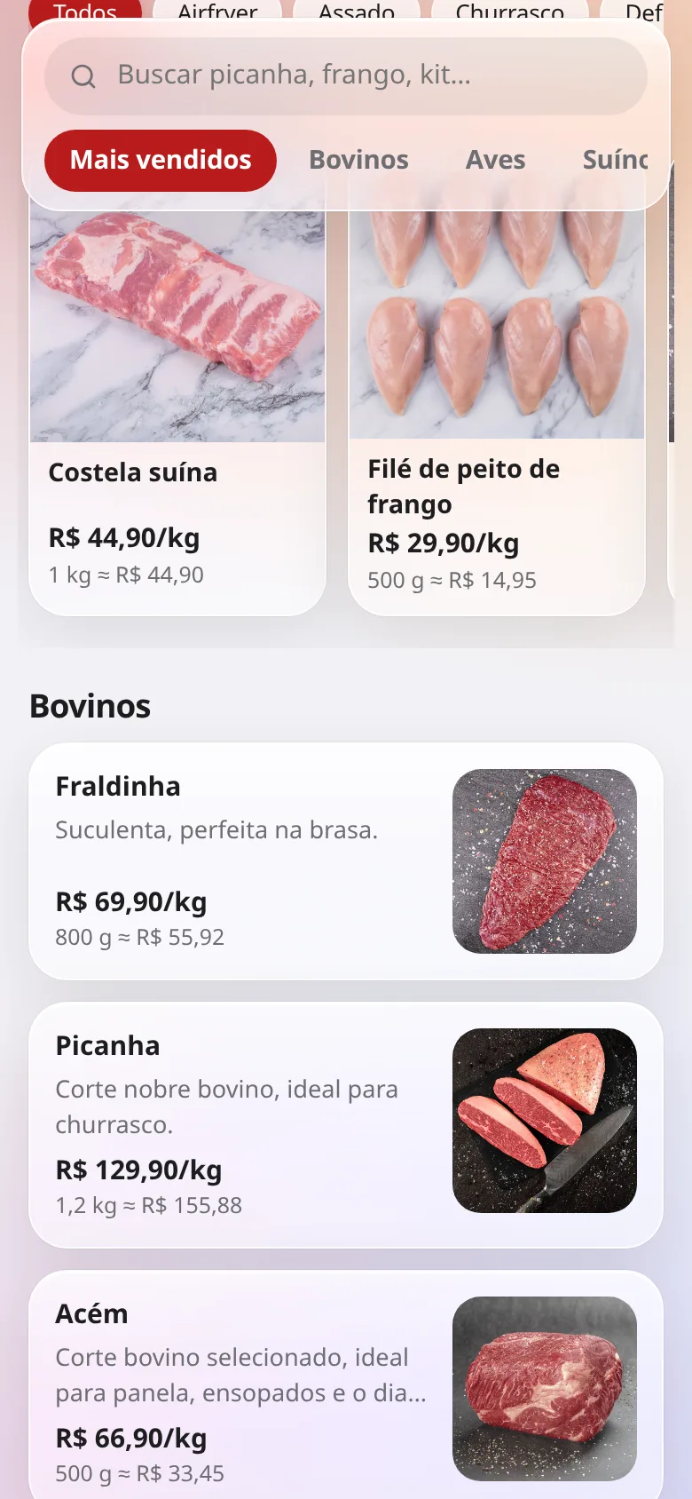 Cardápio digital de carnes com fotos, preço por kg e categorias como bovinos, aves e suínos
