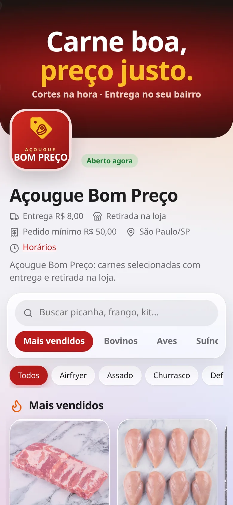 Loja virtual de açougue no celular: vitrine do Açougue Bom Preço com entrega, retirada e pedido mínimo
